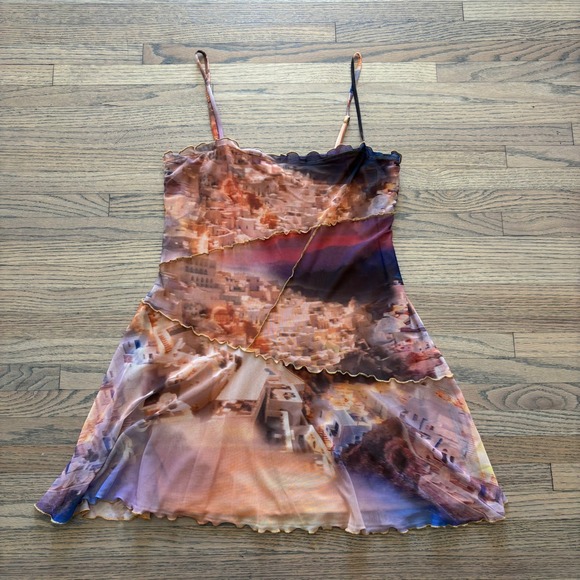 Urban Outfitters Dresses & Skirts - Urban Outfitters Mesh Santorini Landscape Mini Dress Orange Purple Medium